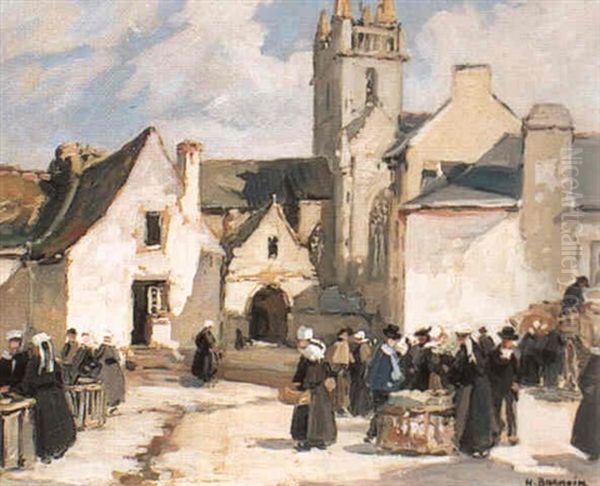 Sur La Place Du Village - Le Marche Oil Painting by Henri Alphonse Barnoin