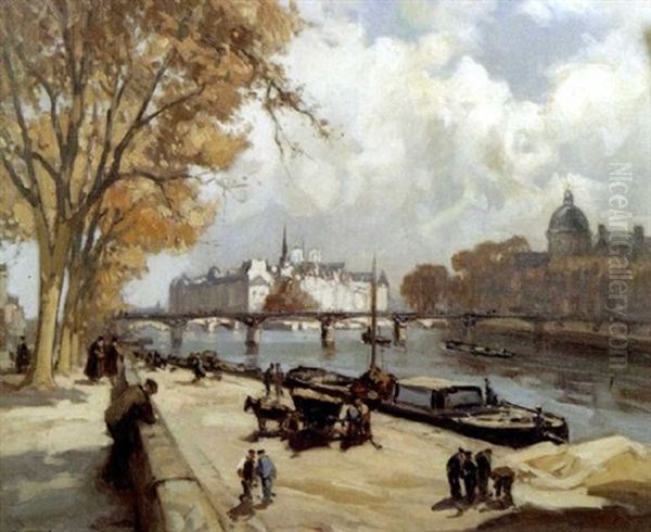 Le Pont De L'institut A Paris Oil Painting by Henri Alphonse Barnoin