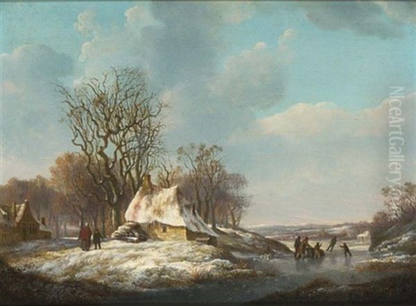 A Winter Landscape With Skaters On The Ice Oil Painting by Nicolas Cz Barnouw