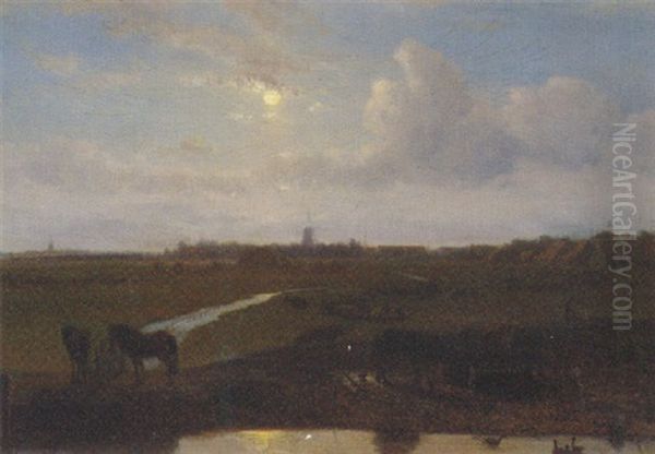 A Moonlit Polder Landscape, A Windmill In The Distance Oil Painting by Nicolas Cz Barnouw