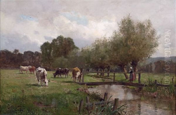 Cows And Herdess In Pasture Oil Painting by James Macdonald Barnsley