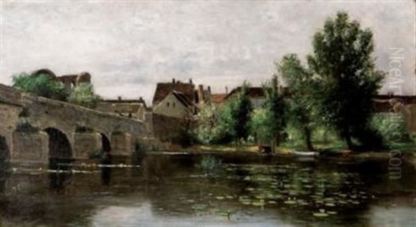 The Old Bridge At Grez/queen Blanche's Chateau Sur Loinge Oil Painting by James Macdonald Barnsley