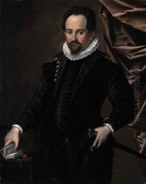 Portrait Of A Gentleman In An Embroidered Black Doublet And White Ruff, Standing By A Table, His Right Hand On A Book And His Left On His Sword, By... Oil Painting by Federico Barocci