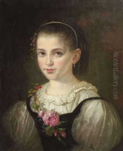 Portrait Of A Young Girl. She Is Wearing A Silk Dress, A Garland Of Roses Is Lying On Her Breast And Shoulder. Oil Painting by Moritz Adler