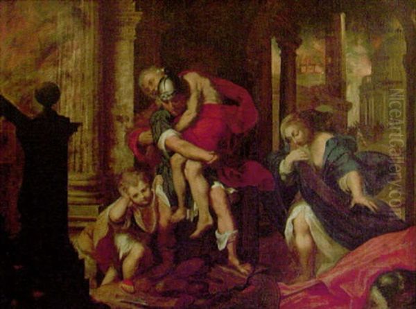 Aeneas, Barande Pa Sin Far Anchises, Flyr Fran Det Brinnande Troja, Tillsammans Med Sin Son Ascanius Och Hustrun Creusa Oil Painting by Federico Barocci