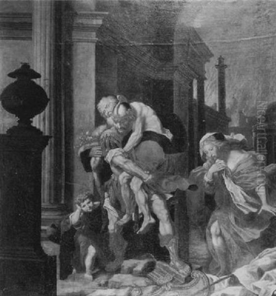 Aeneas Tragt Seinen Vater Anchises Aus Der Brennenden Stadt Oil Painting by Federico Barocci