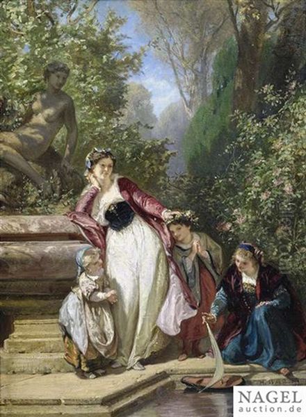 An Elegant Lady With Her Children At A Fountain In Front Of A Park Landscape Oil Painting by Henri Charles Antoine Baron