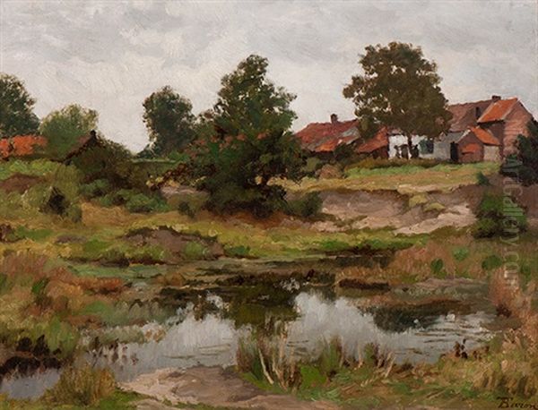 View Of A Pond With Houses In The Background Oil Painting by Theodore Baron