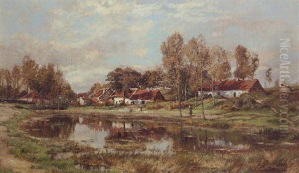 Cottages By A Pond In A Valley, With Washerwomen Bleaching Linen Oil Painting by Theodore Baron