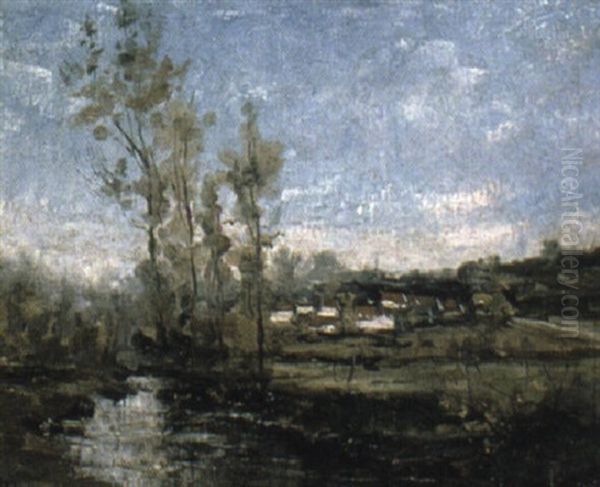 A River Landscape With Cottages Beyond Oil Painting by Theodore Baron