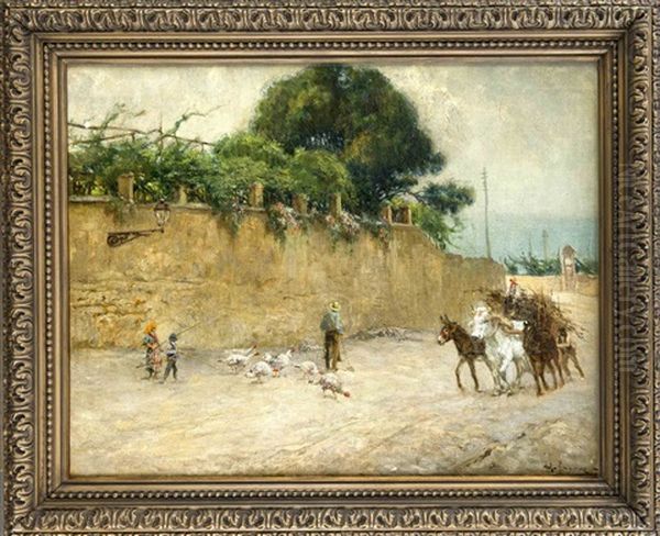 Italienische Strasenszene Mit Ochsenkarren Oil Painting by Carlo Adolfo Barone