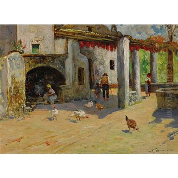 Sudliche Bauernhofszene Mit Huhnern Oil Painting by Carlo Adolfo Barone