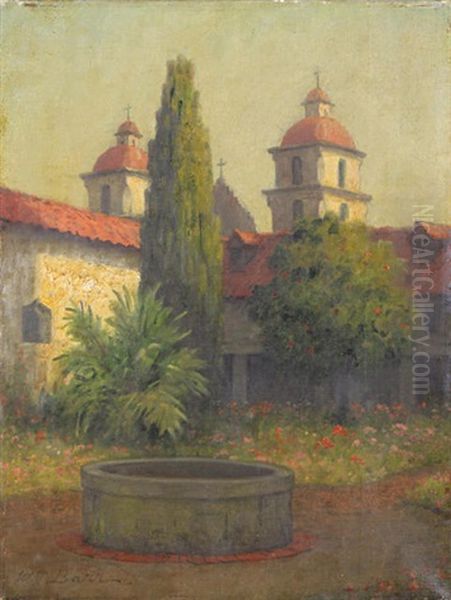 Santa Barbara Mission Courtyard Oil Painting by William Barr