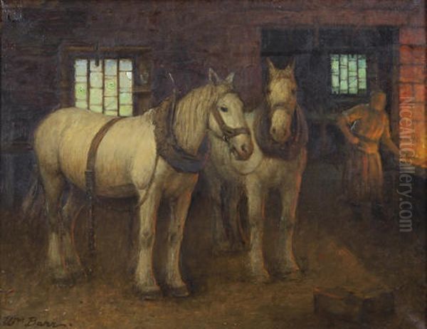 Two White Horses In The Blacksmith's Shop Oil Painting by William Barr