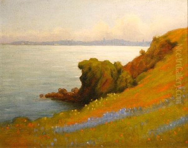 Marin Wildflowers With San Francisco In The Distance Oil Painting by William Barr