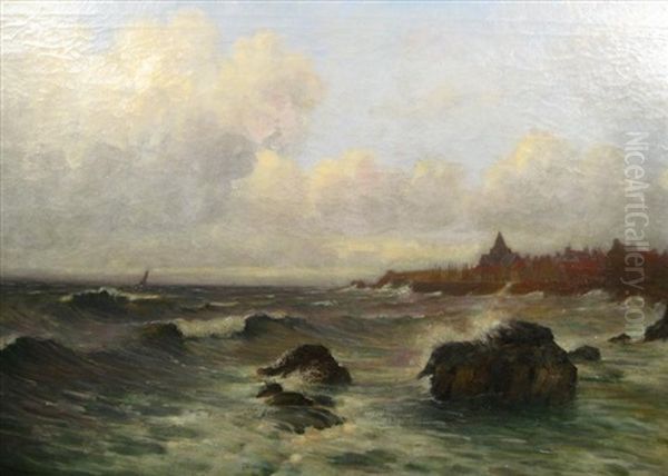 Sailboat Near Coastal Village Oil Painting by William Barr