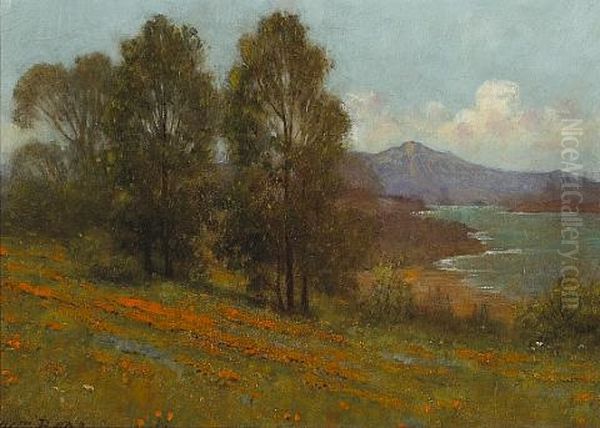 Poppies And Lupine On A Hillside With Mt. Tamalpais Beyond Oil Painting by William Barr