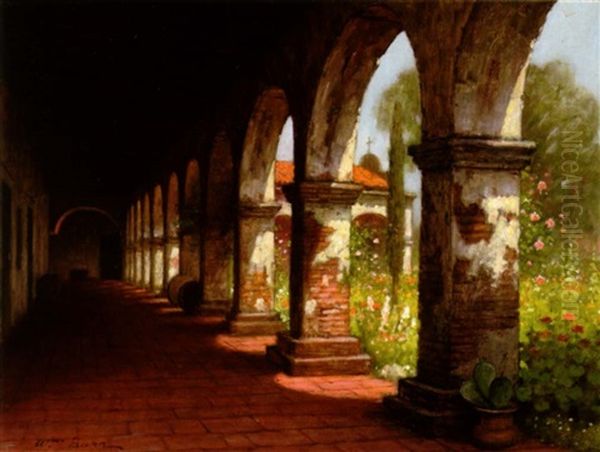 A Mission Courtyard In Bloom Oil Painting by William Barr