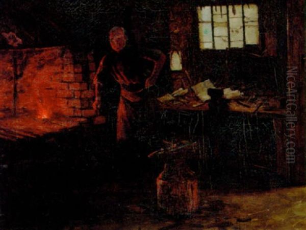 At The Smithy Fire Oil Painting by William Barr