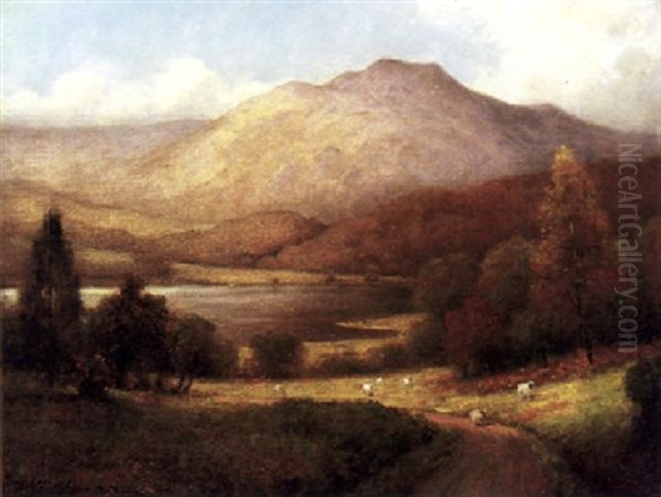 Sheep Along A Path In A River Valley Oil Painting by William Barr