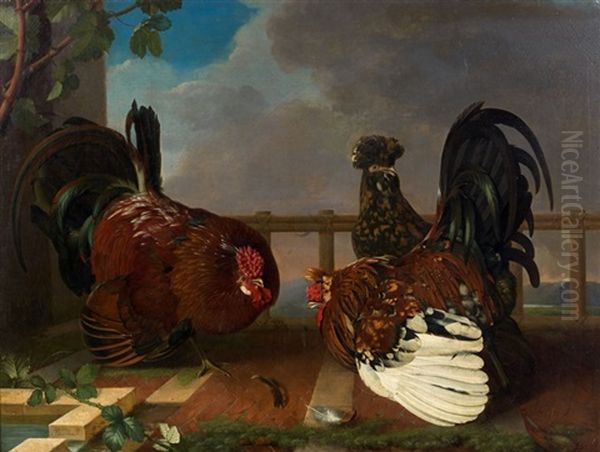 Deux Coqs Se Battant Pour Une Poule Huppee Oil Painting by Jacques Barraband