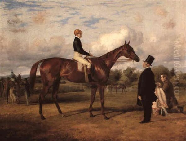 Virago With John Wells Up And With His Trainer Mr. John Day And The Stable Lad W.s. Cooper Oil Painting by Thomas Barratt Of Stockbridge