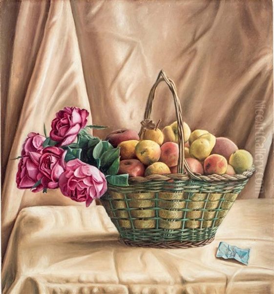 Panier Avec Pommes Et Roses Oil Painting by Aime Victor Barraud