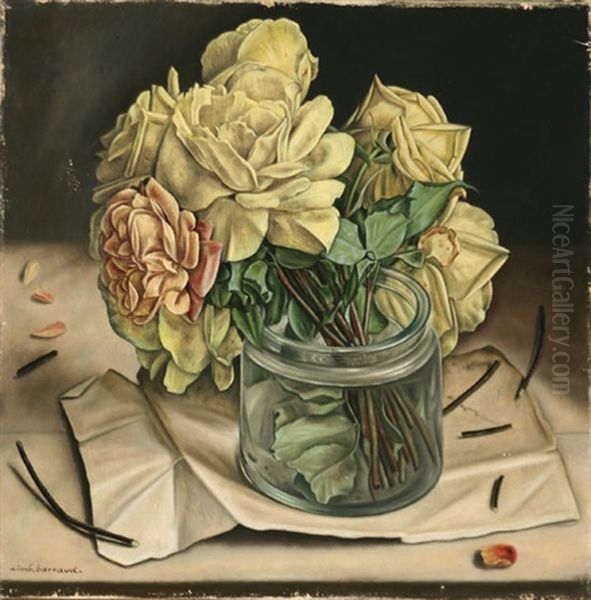 Still Life Of Roses In A Glass Jar Oil Painting by Aime Victor Barraud