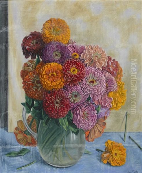 Zinnien Im Glaskrug Oil Painting by Aime Victor Barraud