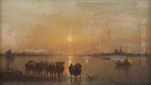 Vieh Am Flus Bei Sonnenuntergang Oil Painting by Karl Adloff