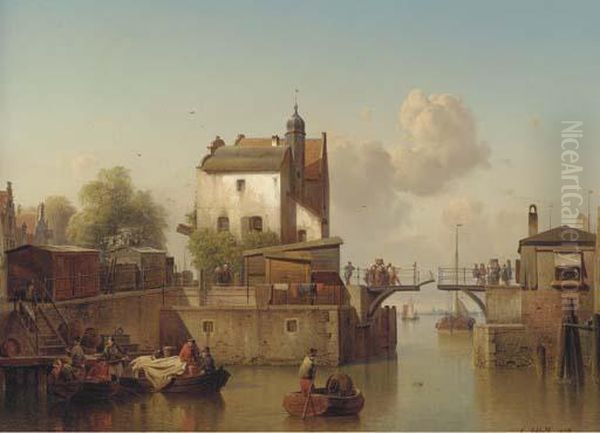 A Canal With Figures Embarking On Fishing Boats And Others On Thelocke Oil Painting by Karl Adloff