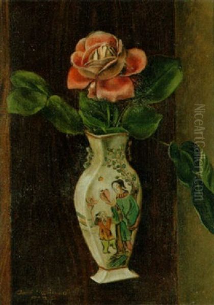 Stilleben Mit Rose In Szenische Bemalter, Chinesischer Vase Oil Painting by Aime Victor Barraud