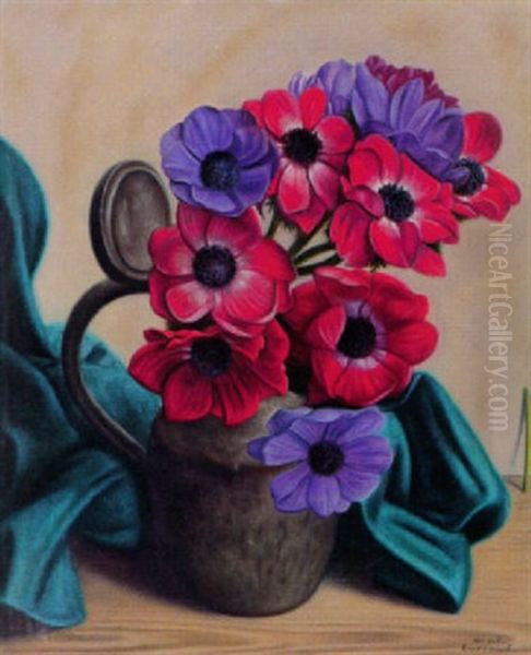 Stilleben Mit Roten Und Violetten Dahlien Oil Painting by Aime Victor Barraud