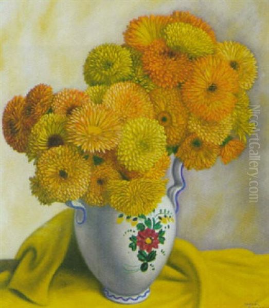 Stilleben Mit Chrysanthemen In Grosser Henkelvase Oil Painting by Aime Victor Barraud