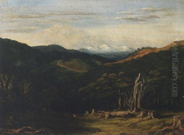 A Woodland Clearing With Snow-capped Mountains Beyond Oil Painting by Charles Decimus Barraud