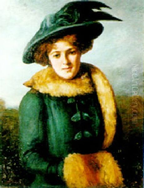 Portrait Of A Young Woman In A Fur Stole Oil Painting by Francis James Barraud