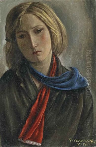 Marie A L'echarpe Rouge Et Bleue Oil Painting by Francois Emile Barraud