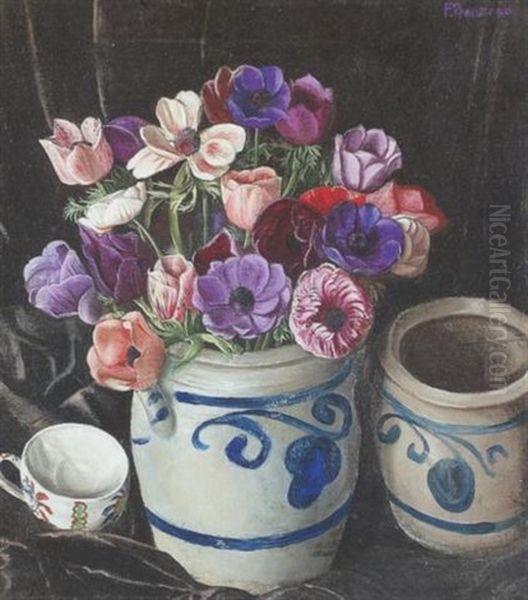 Stillleben Mit Anemonen Und Steinguttopfen by Francois Emile Barraud