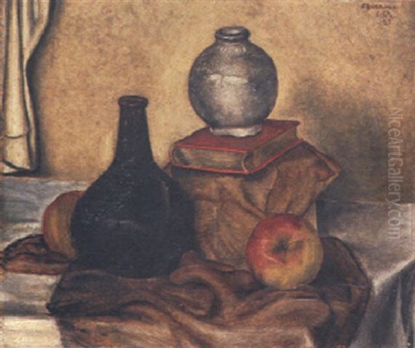 Stilleben Mit Zwei Vasen, Buch Und Apfeln Oil Painting by Francois Emile Barraud