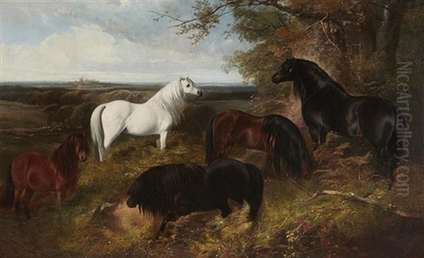 The Queen's Ponies In Windsor Park, With Windsor Castle Beyond Oil Painting by Henry Barraud