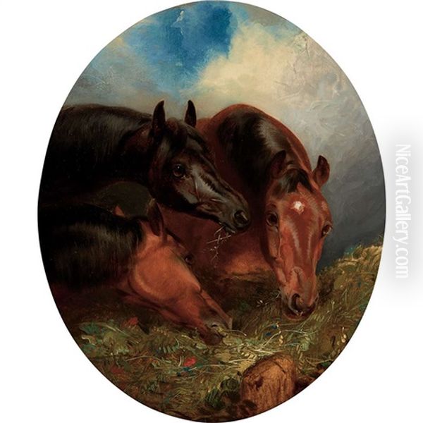 Three Horses At A Trough Oil Painting by Henry Barraud