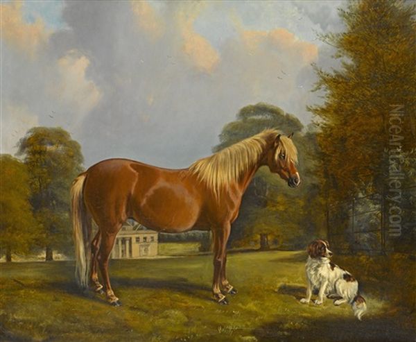 A Palomino Pony And Setter Oil Painting by Henry Barraud