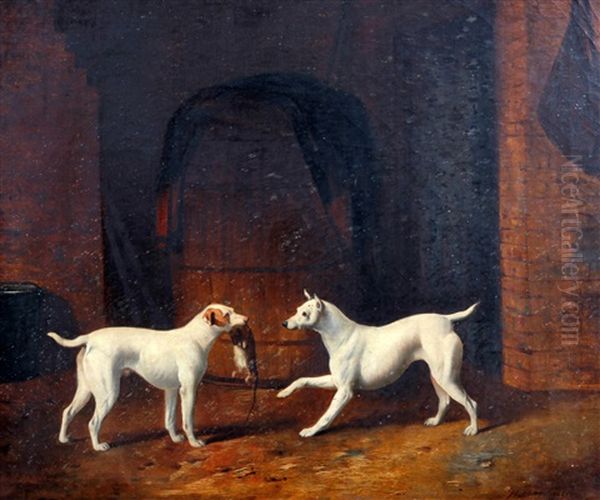 Two Short Haired Fox Terriers With Catch Oil Painting by Henry Barraud