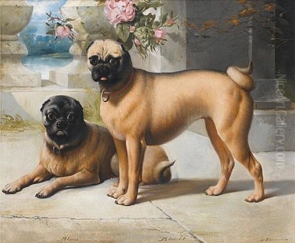 The Pugs "bloom" And "blanche" On The Steps Of A Country House Oil Painting by Henry Barraud