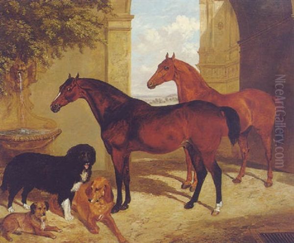 A Bay And A Chestnut Hunter With Dogs In A Courtyard Oil Painting by Henry Barraud