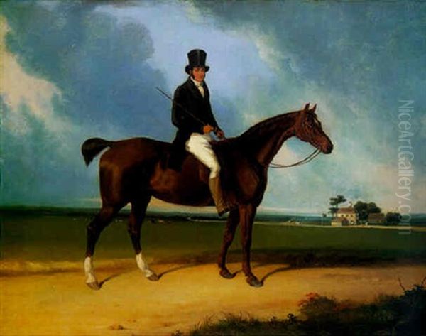 A Gentleman Seated On His Hunter In A Landscape Oil Painting by Henry Barraud