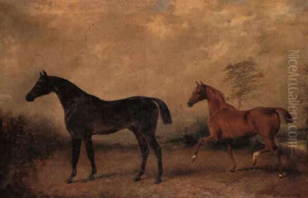 Study Of A Bay Hunter And A Chestnut Hunter In A Wooded River Landscape Oil Painting by Henry Barraud