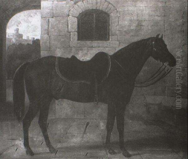 A Saddled Bay In A Stable Yard, Windsor Oil Painting by Henry Barraud