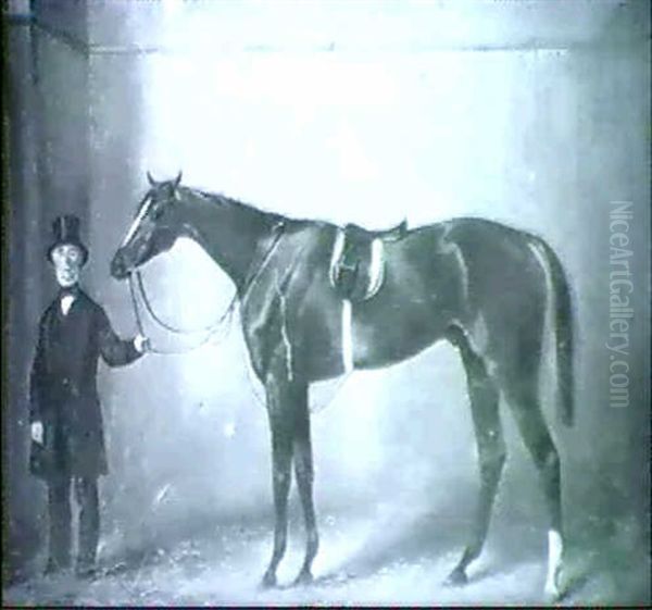 Thormanby, Winner Of The Derby 1860, Saddled Up With A Groomin A Stable Oil Painting by Henry Barraud