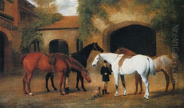 Grooms With Hunters Outside A Stable Oil Painting by Henry Barraud